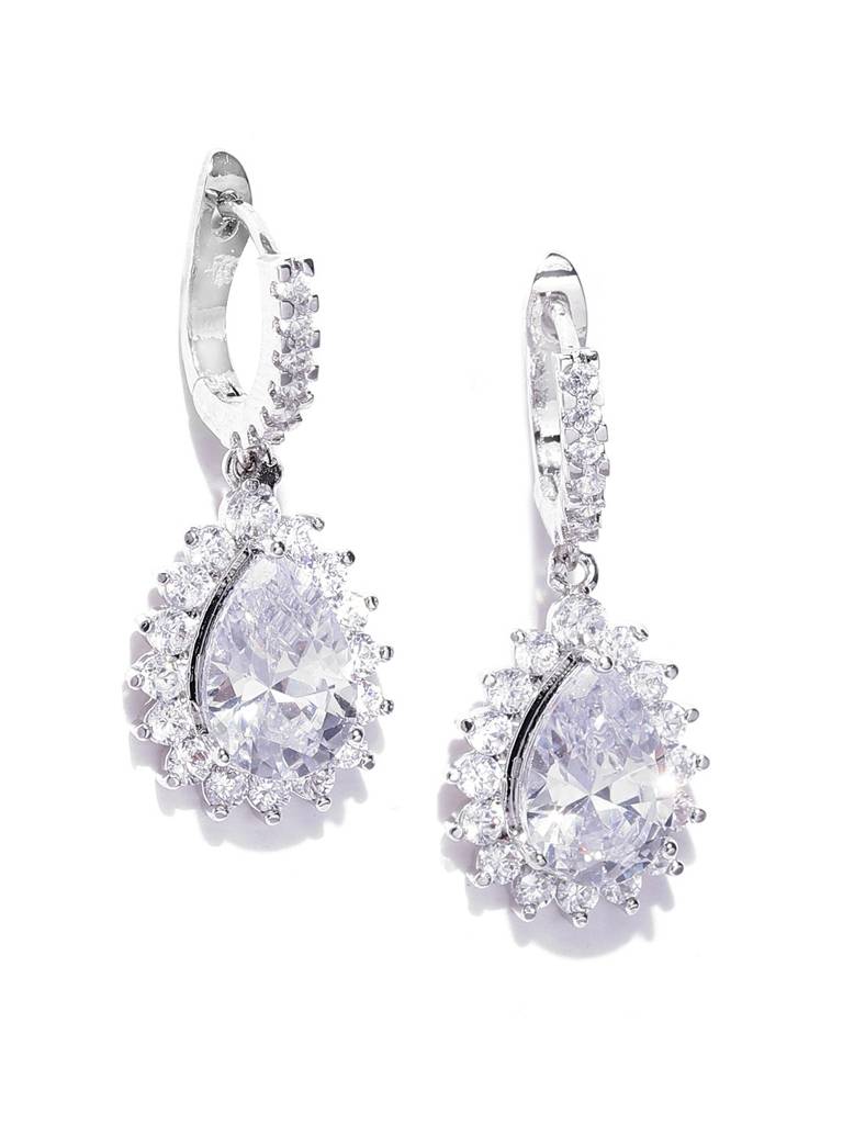Silver-Toned Rhodium Plated Cz Studded Teardrop Shaped Drop Earrings : FJE1755
