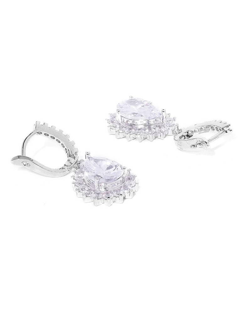Silver-Toned Rhodium Plated Cz Studded Teardrop Shaped Drop Earrings : FJE1755