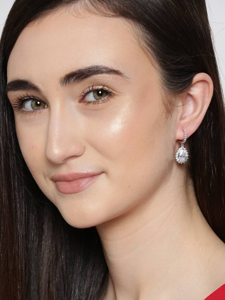 Silver-Toned Rhodium Plated Cz Studded Teardrop Shaped Drop Earrings : FJE1755