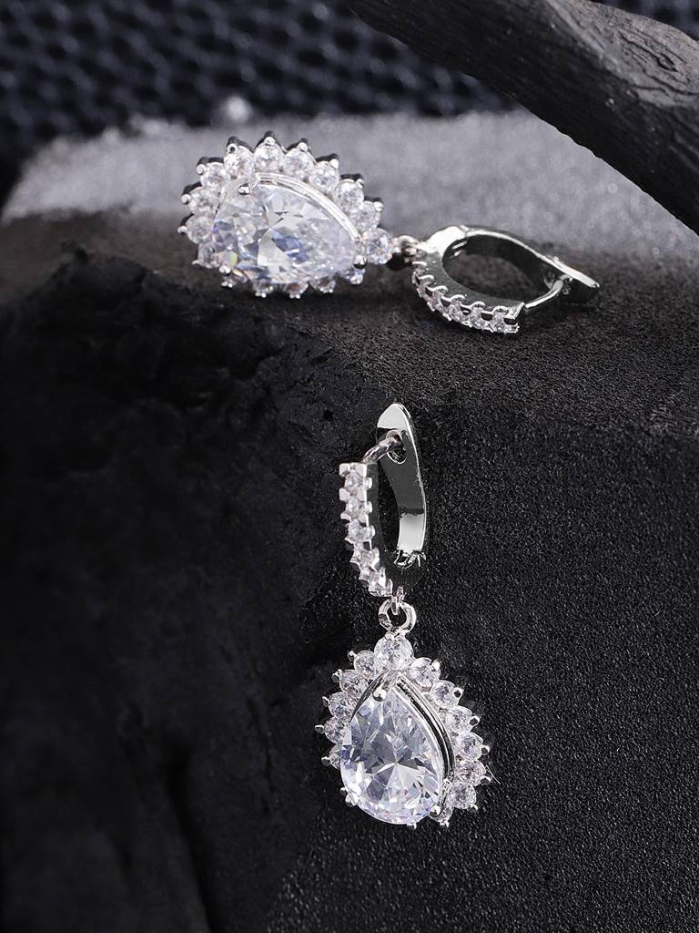 Silver-Toned Rhodium Plated Cz Studded Teardrop Shaped Drop Earrings : FJE1755