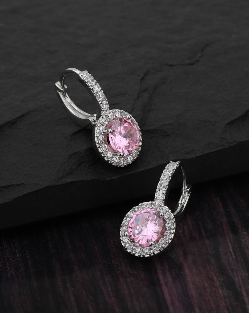 Silver-Toned & Pink Rhodium-Plated Cz Studded Circular Hoop Earrings : FJE1757