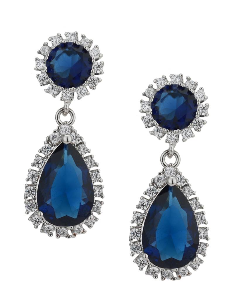 Silver-Toned & Navy Rhodium-Plated Cz-Studded Teardrop-Shaped Drop Earrings : FJE1760