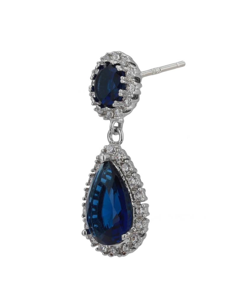Silver-Toned & Navy Rhodium-Plated Cz-Studded Teardrop-Shaped Drop Earrings : FJE1760