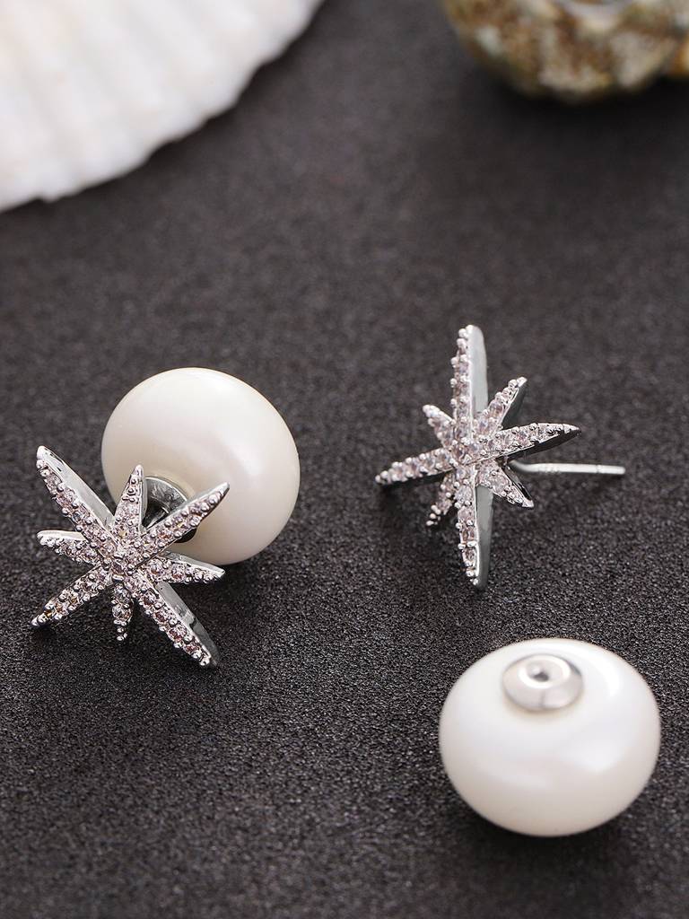 Silver-Toned Rhodium-Plated Cz Stone-Studded Spiked Studs : FJE1801