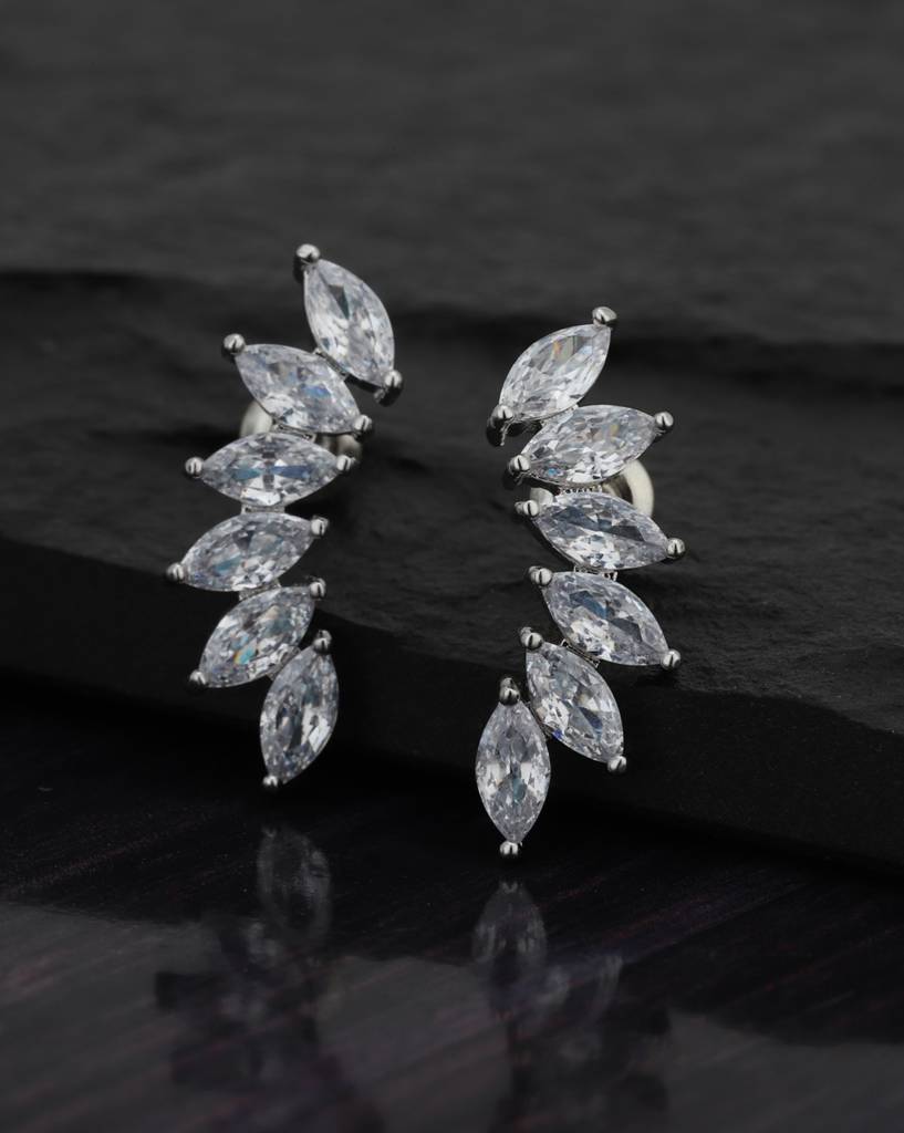 Silver-Toned Rhodium-Plated Cz Studded Contemporary Drop Earrings : FJE1815