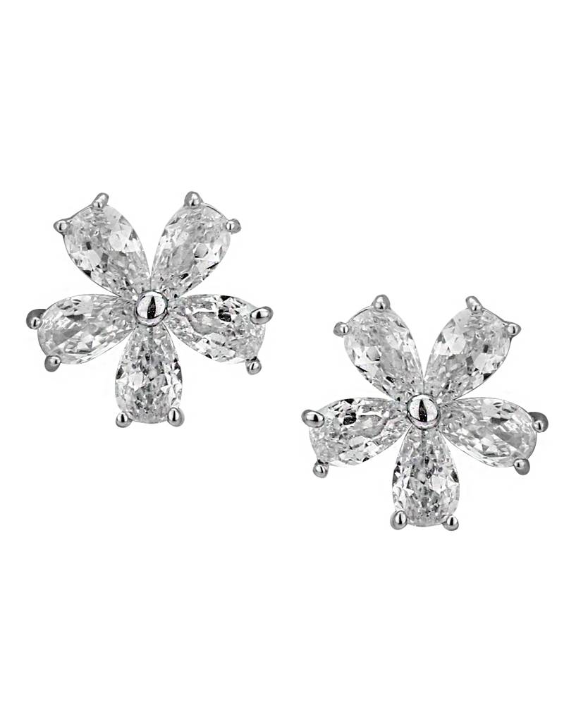 Silver-Toned Rhodium-Plated Cz Studded Floral Studs : FJE1816