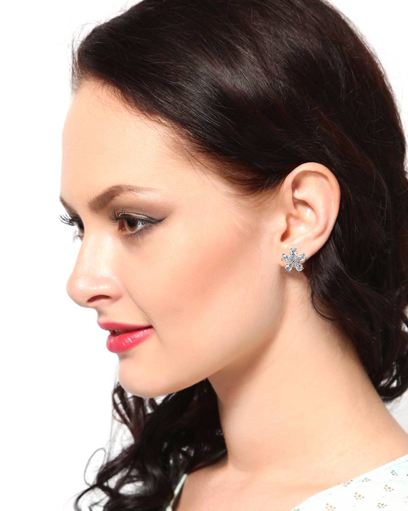 Silver-Toned Rhodium-Plated Cz Studded Floral Studs : FJE1816