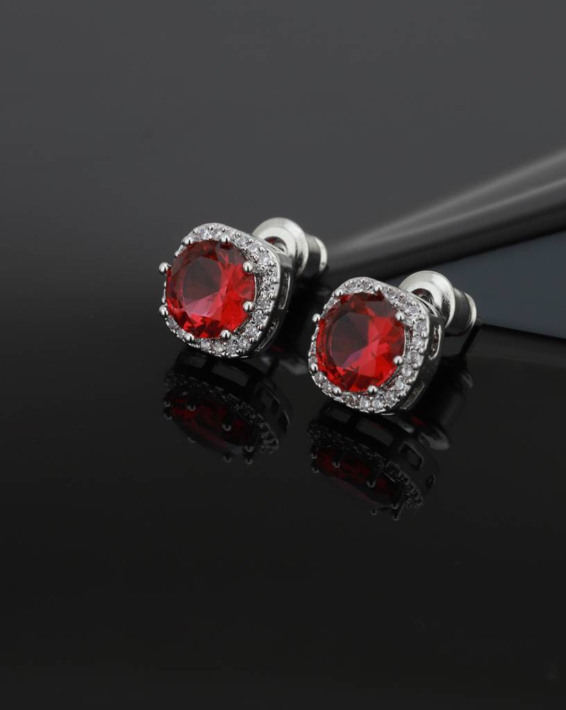 Silver-Toned & Red Rhodium-Plated Cz Studded Square Studs : FJE1818