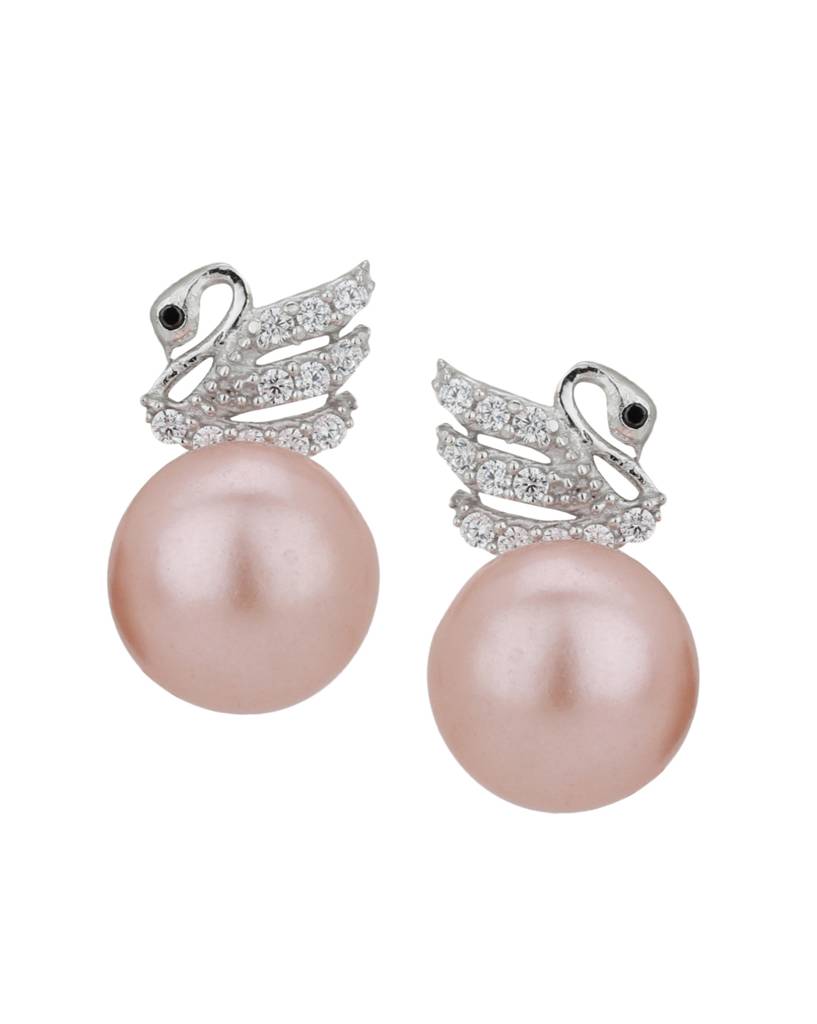 Silver-Toned & Peach-Coloured Rhodium-Plated Cz Swan-Shaped Studs : FJE1826