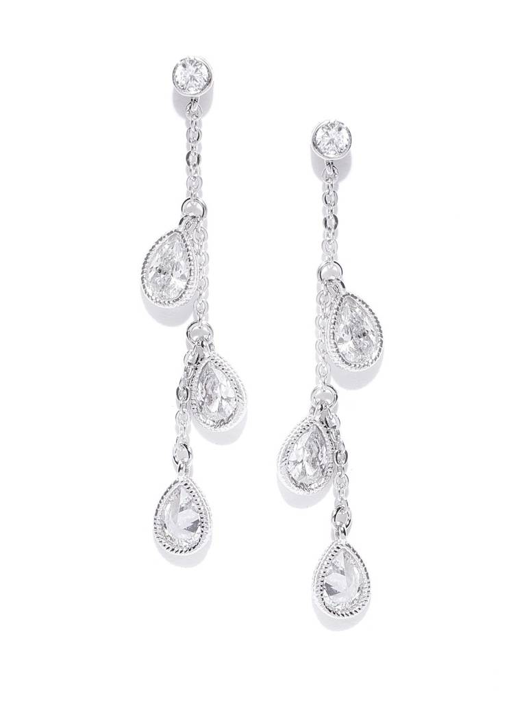 Silver-Toned Rhodium-Plated Cz Stone-Studded Contemporary Drop Earrings : FJE1861
