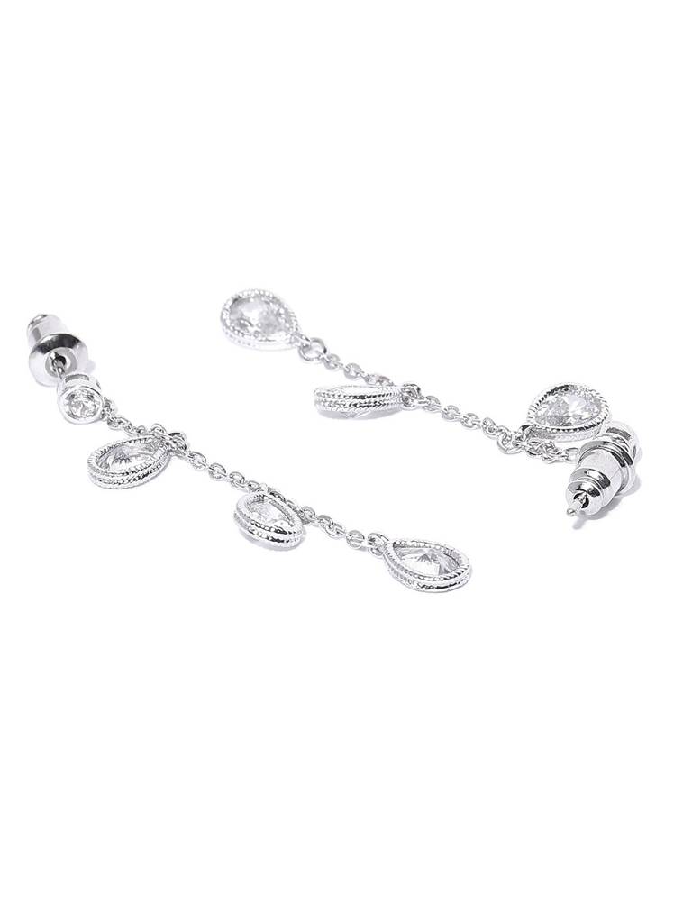 Silver-Toned Rhodium-Plated Cz Stone-Studded Contemporary Drop Earrings : FJE1861