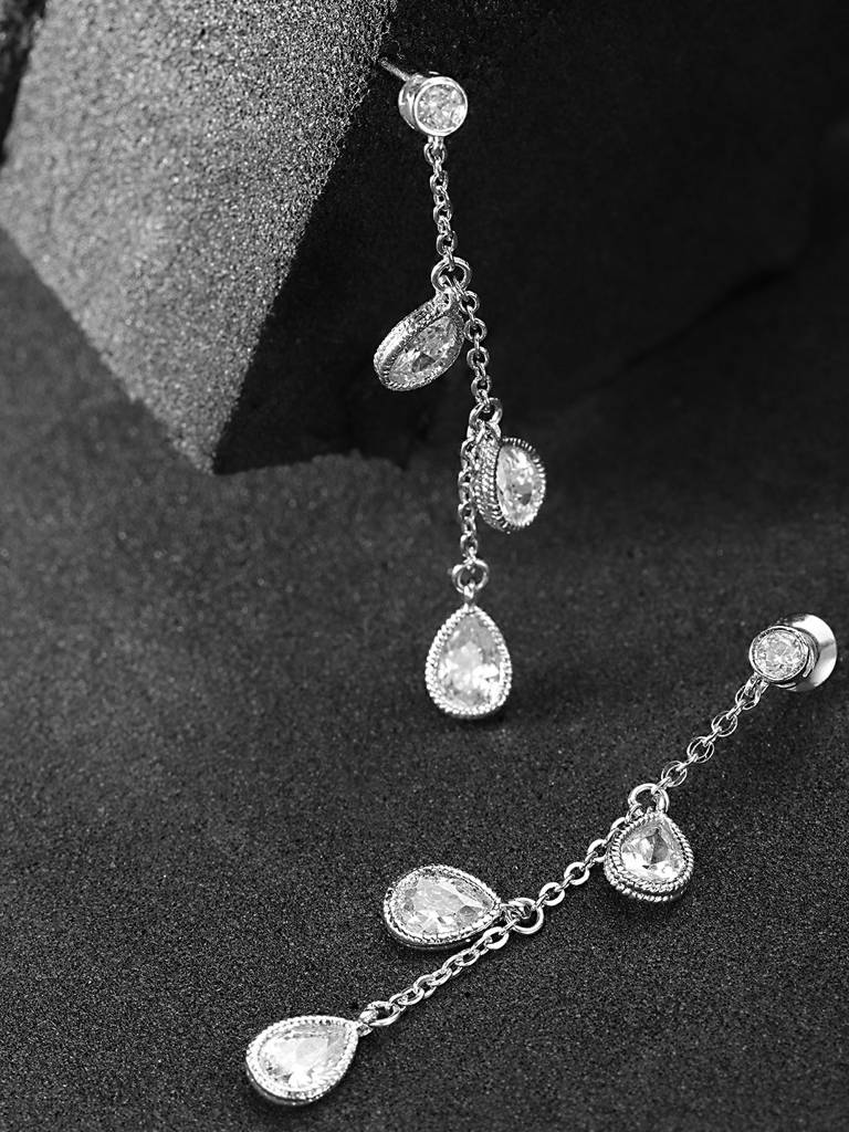 Silver-Toned Rhodium-Plated Cz Stone-Studded Contemporary Drop Earrings : FJE1861