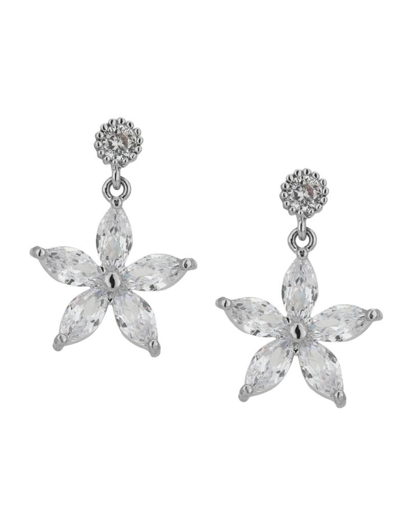 Silver-Toned Rhodium-Plated Cz-Studded Floral Drop Earrings : FJE1872