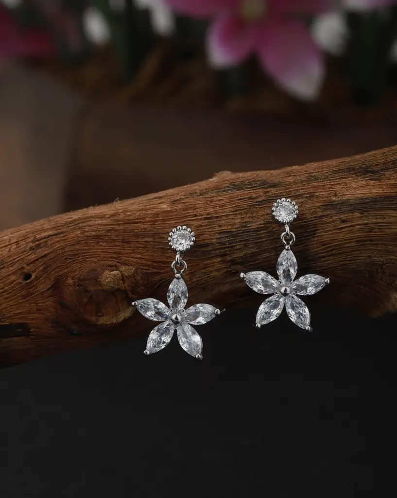 Silver-Toned Rhodium-Plated Cz-Studded Floral Drop Earrings : FJE1872