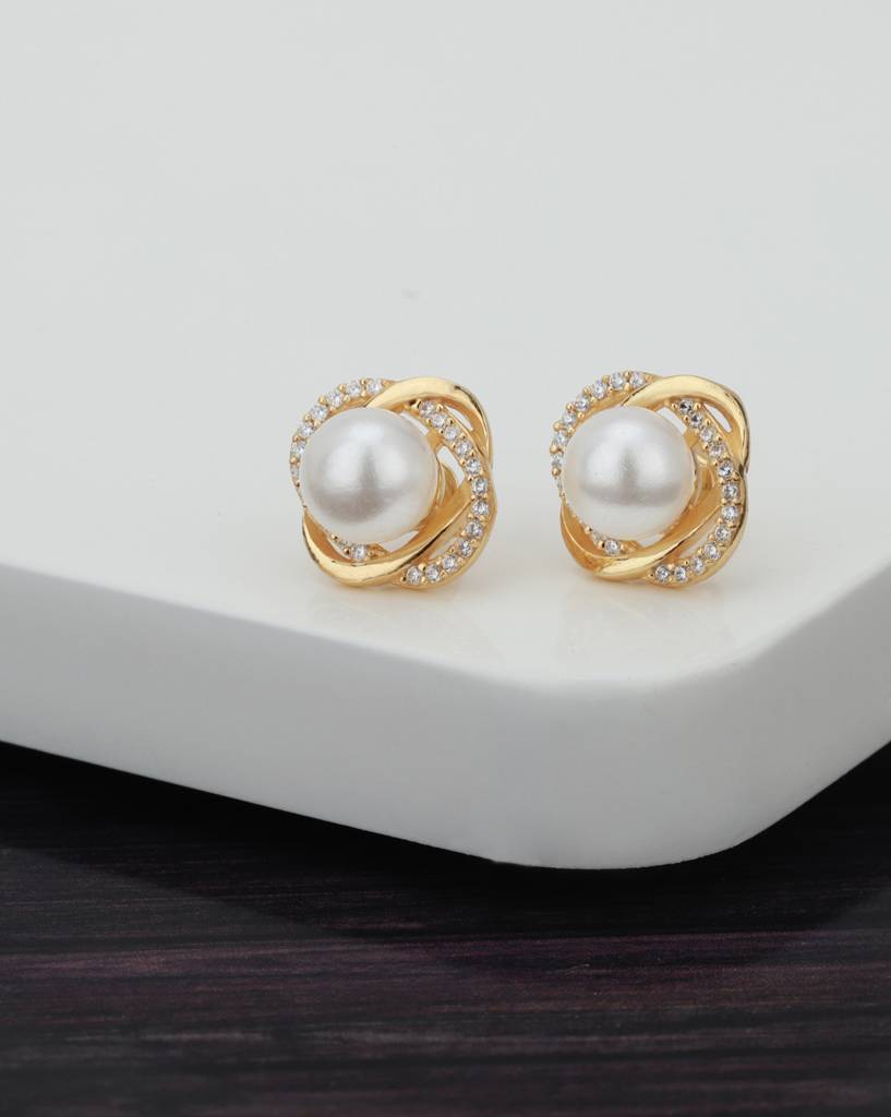 White Gold-Plated Beaded Contemporary Stone-Studs : FJE2311