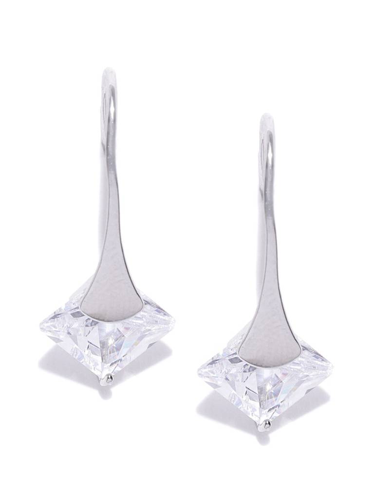 Silver-Toned Rhodium-Plated Cz Studded Drop Earrings : FJE2314