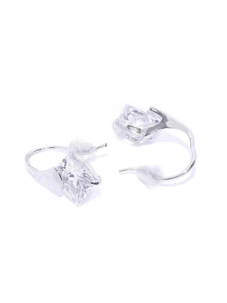 Silver-Toned Rhodium-Plated Cz Studded Drop Earrings : FJE2314