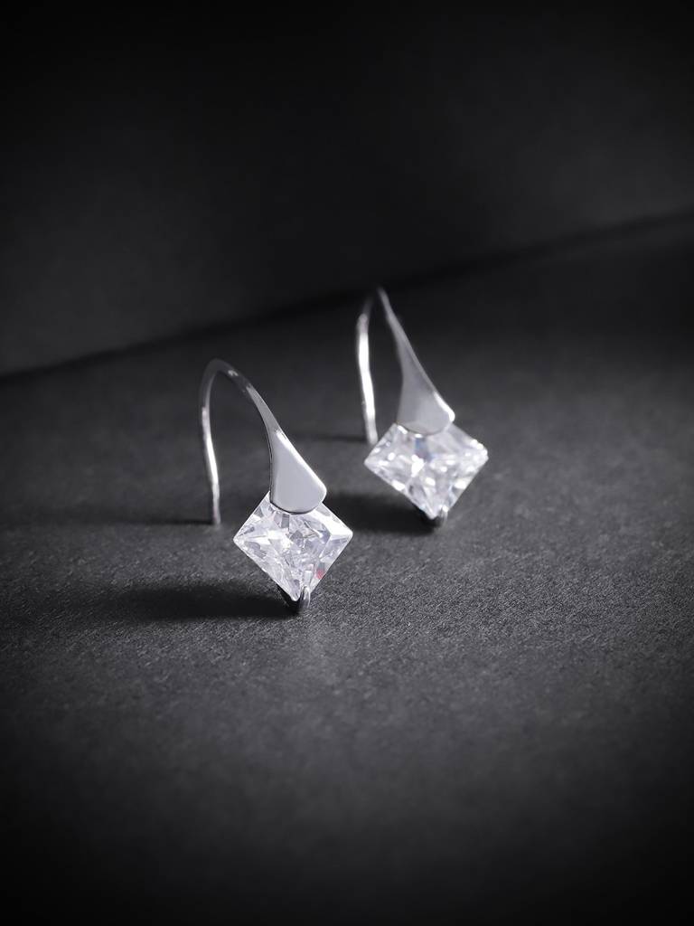 Silver-Toned Rhodium-Plated Cz Studded Drop Earrings : FJE2314