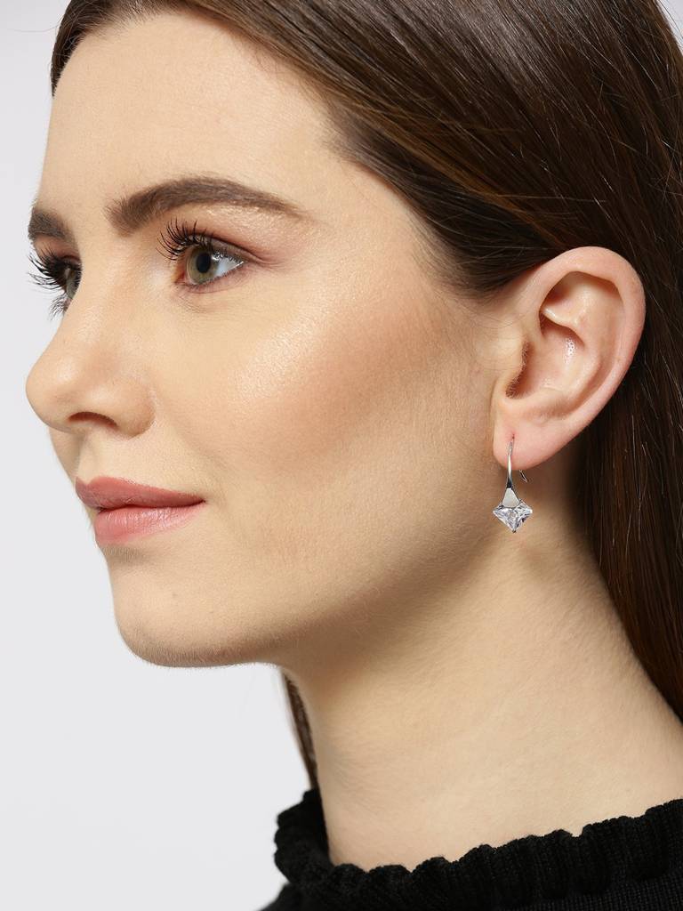 Silver-Toned Rhodium-Plated Cz Studded Drop Earrings : FJE2314