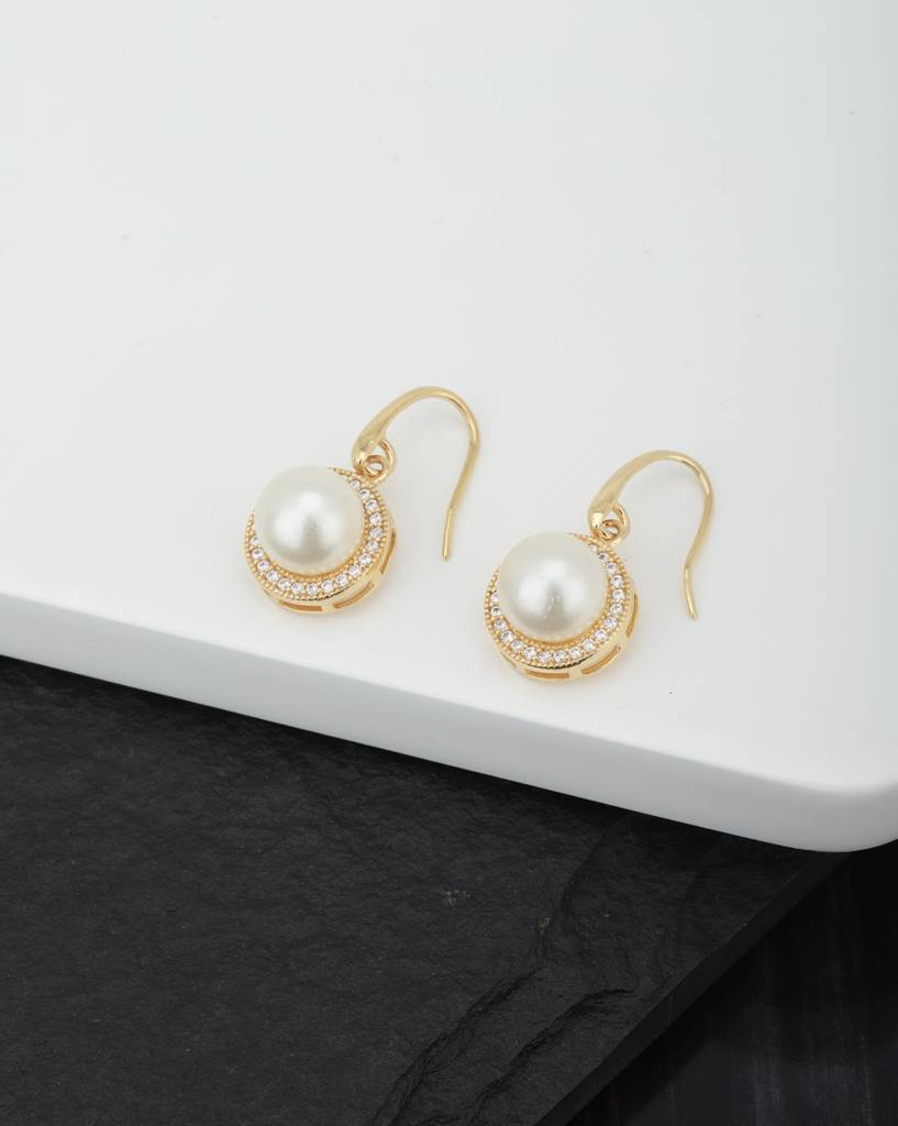 White Gold-Plated Beaded & Stone-Studded Circular Drop Earrings : FJE2328