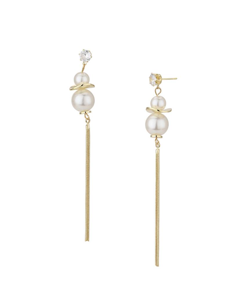 Gold-Toned & Off-White Stone Studded & Beaded Contemporary Drop Earrings : FJE3493