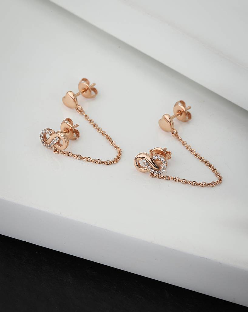 Rose Gold-Plated Heart Shaped Double Stud Chain Earring : FJE3539