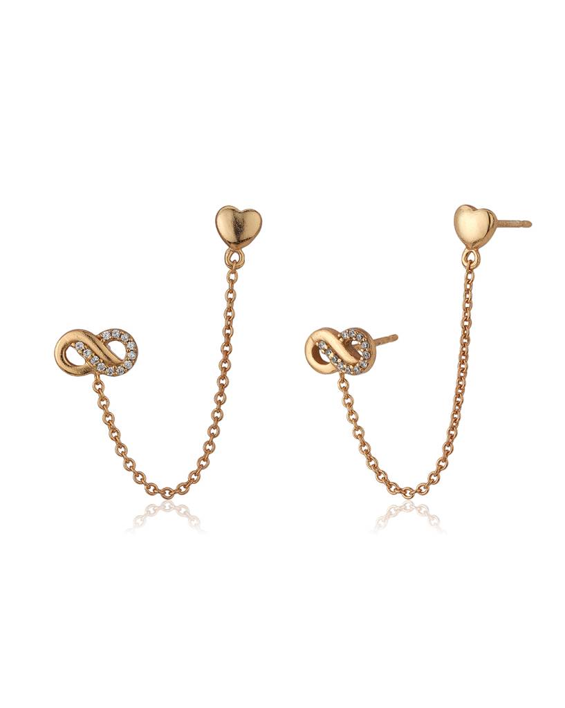 Rose Gold-Plated Heart Shaped Double Stud Chain Earring : FJE3539