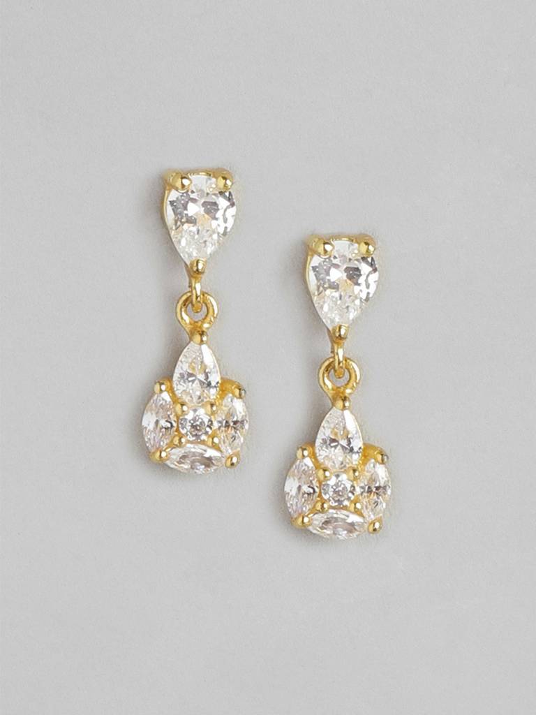 Gold-Toned Cubic Zirconia Studded Teardrop Shaped Drop Earrings : FJE3598