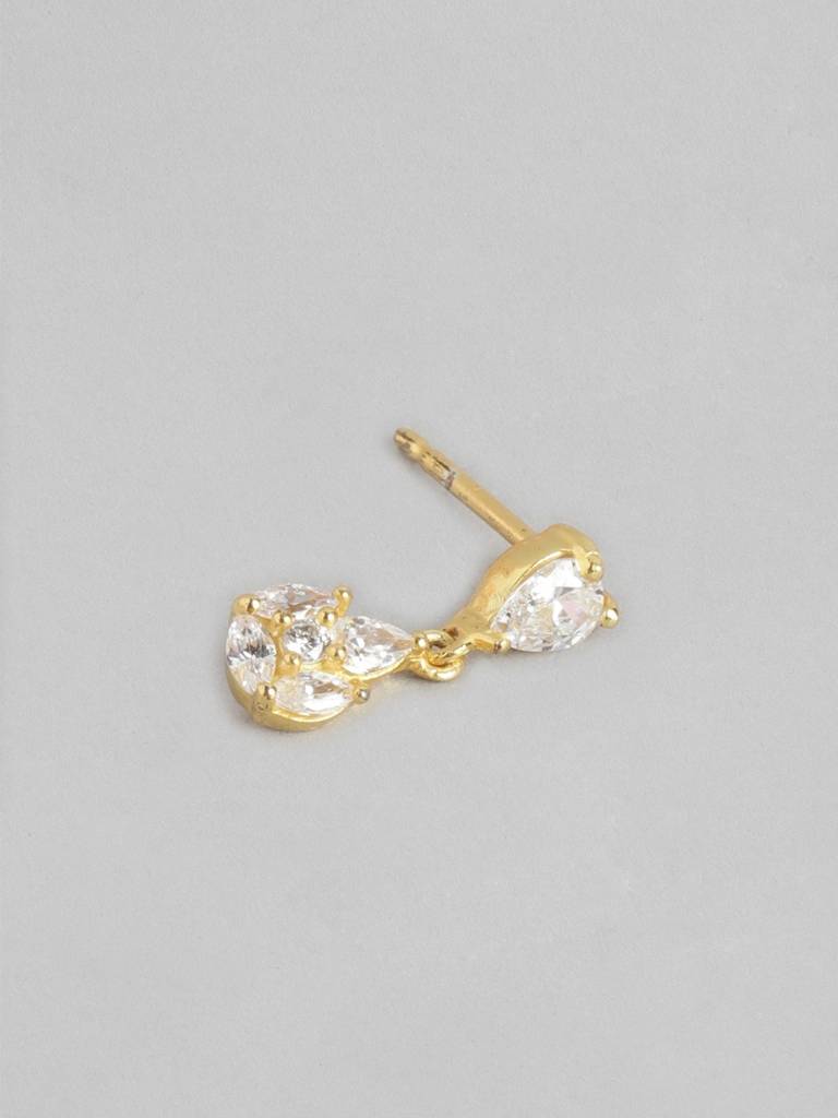 Gold-Toned Cubic Zirconia Studded Teardrop Shaped Drop Earrings : FJE3598