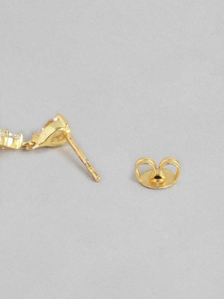 Gold-Toned Cubic Zirconia Studded Teardrop Shaped Drop Earrings : FJE3598