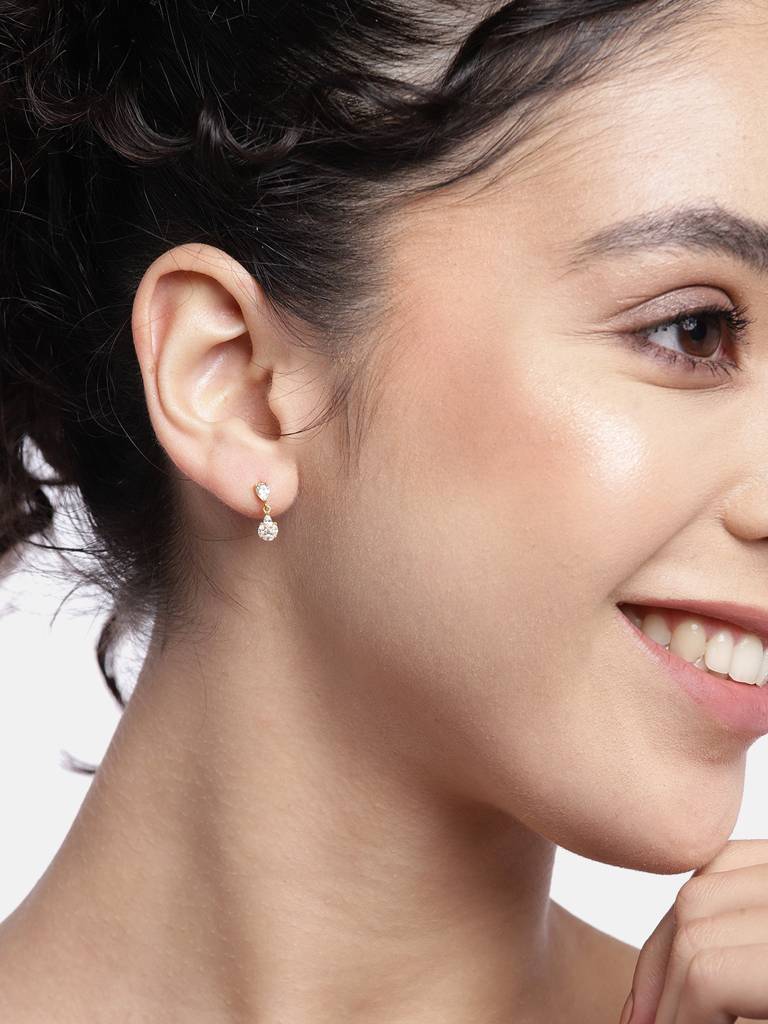 Gold-Toned Cubic Zirconia Studded Teardrop Shaped Drop Earrings : FJE3598
