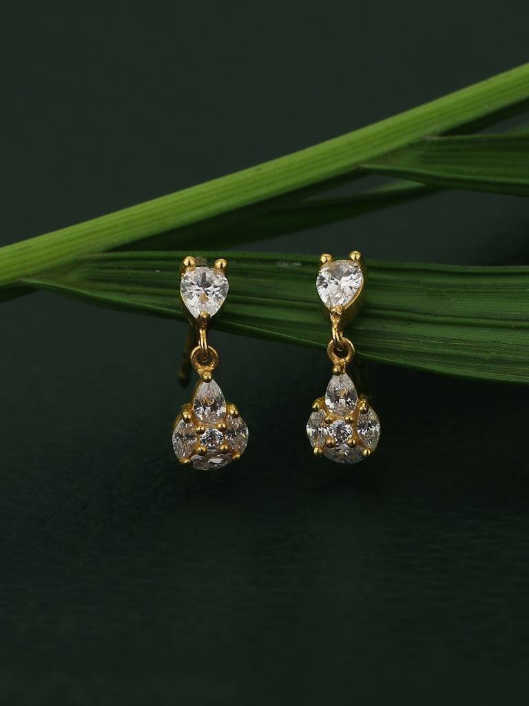 Gold-Toned Cubic Zirconia Studded Teardrop Shaped Drop Earrings : FJE3598