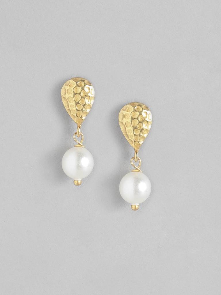 Gold-Plated White Pearls Embellished Teardrop Shaped Drop Earrings : FJE3670