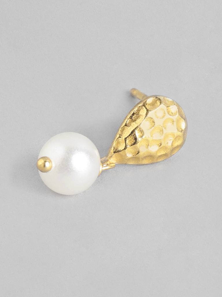 Gold-Plated White Pearls Embellished Teardrop Shaped Drop Earrings : FJE3670