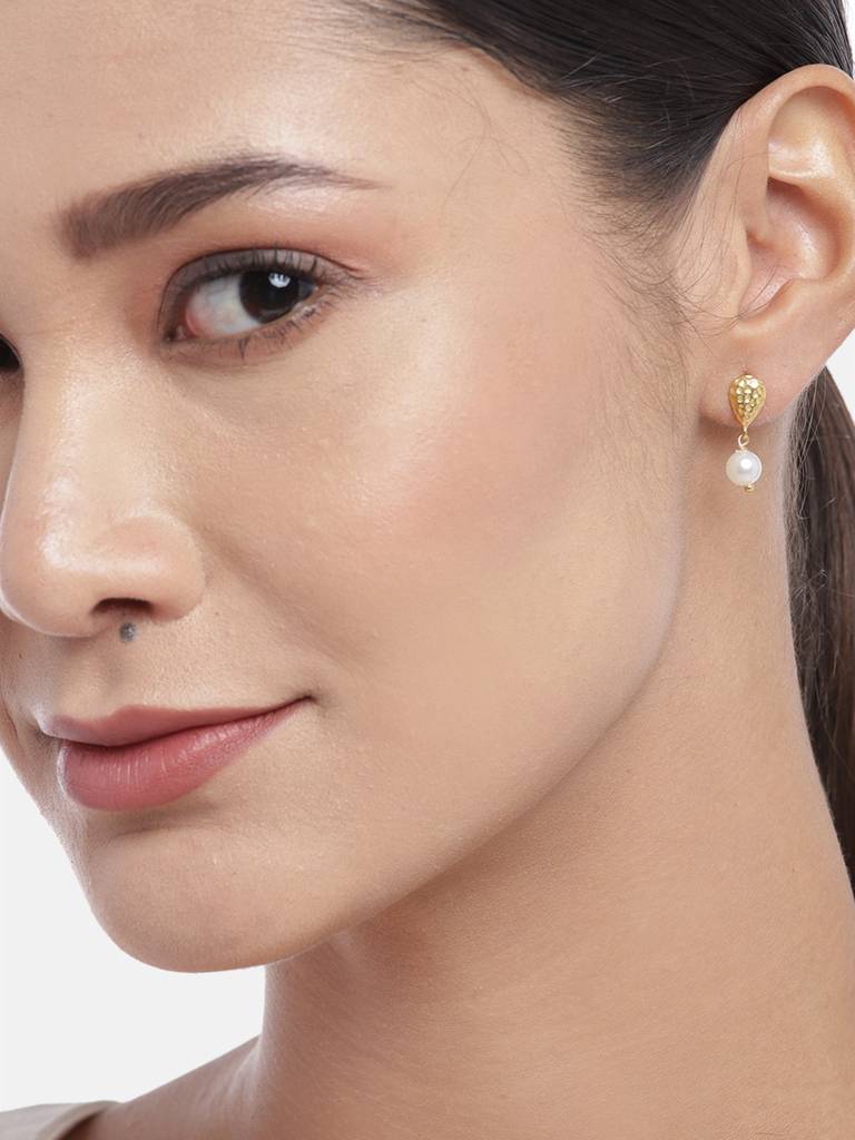 Gold-Plated White Pearls Embellished Teardrop Shaped Drop Earrings : FJE3670
