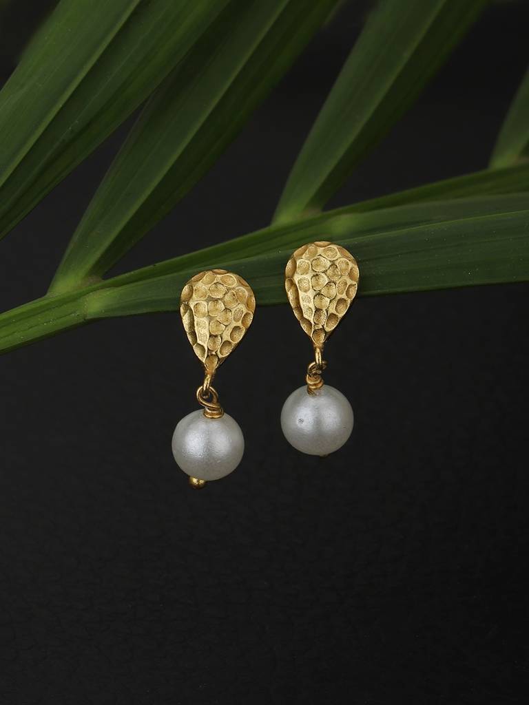 Gold-Plated White Pearls Embellished Teardrop Shaped Drop Earrings : FJE3670