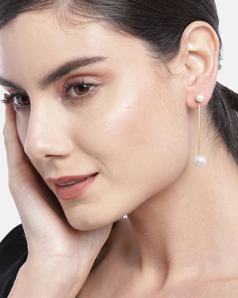 Gold-Toned & White Contemporary Drop Earrings : FJE3761