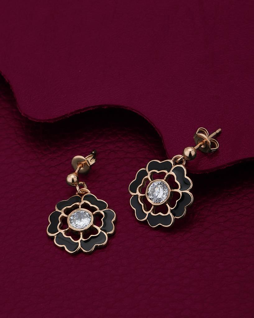 Floral Enamelled Rose-Gold Plated Drop Earrings : FJE4042