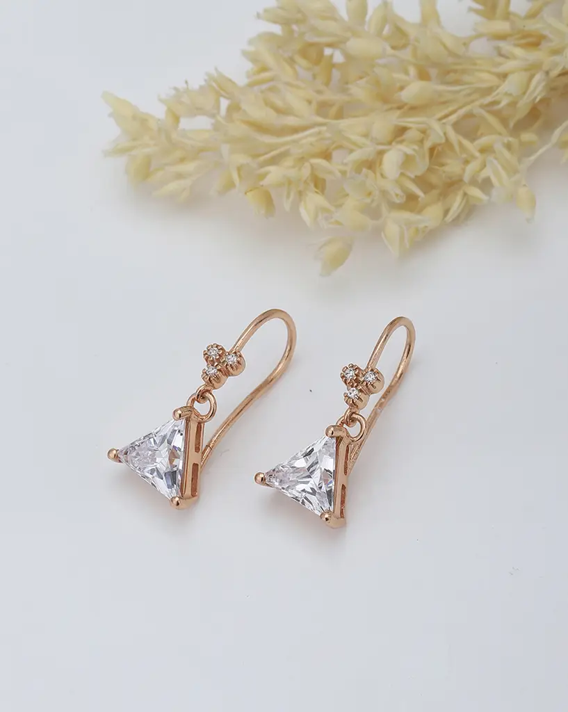Rose Gold Plated Cz Studded Triangular Drop Earrings