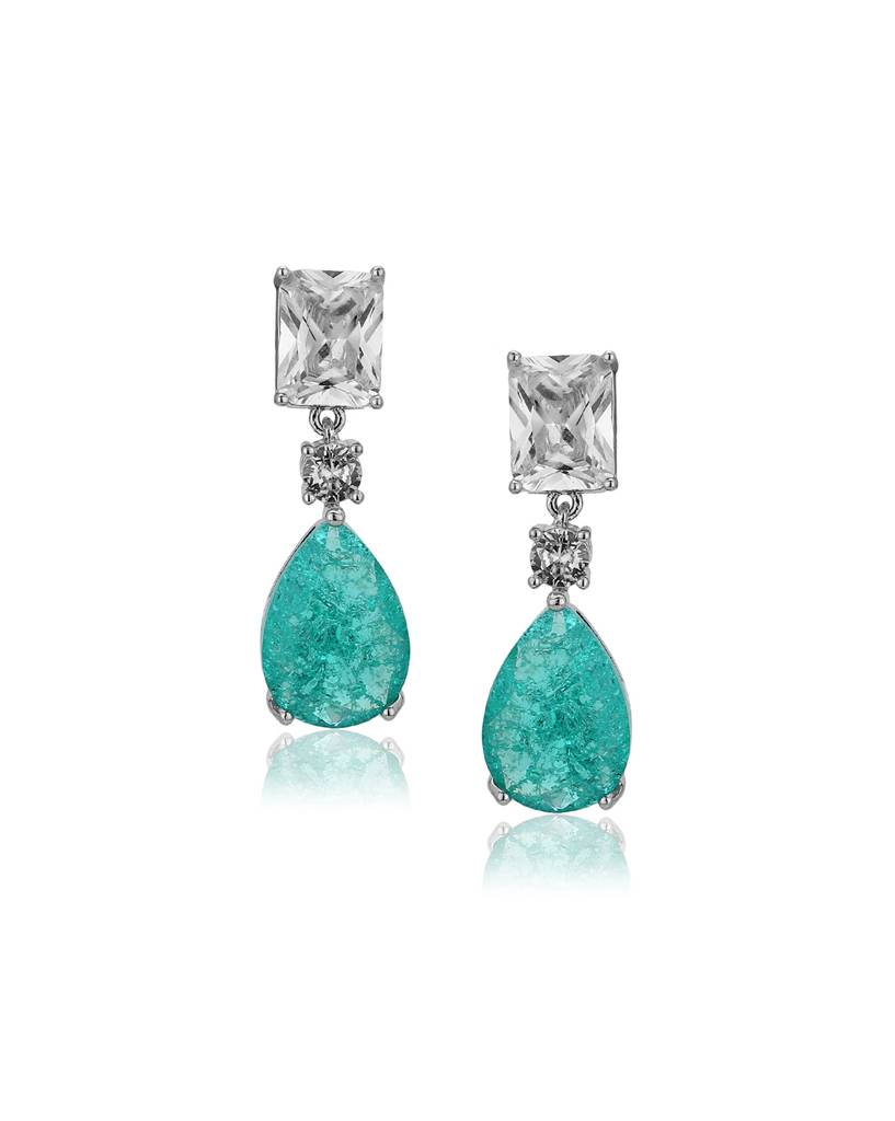 Rhodium-Plated Crystals Teardrop Shaped Premium Drop Earrings : FJE4115