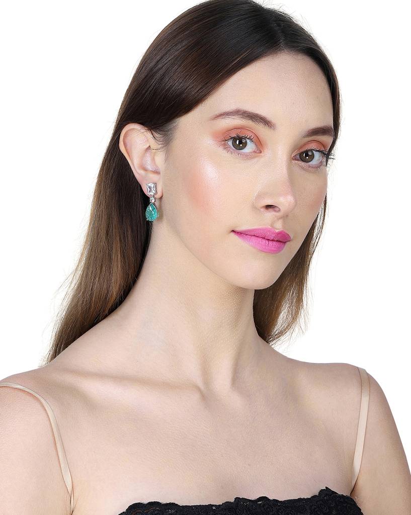 Rhodium-Plated Crystals Teardrop Shaped Premium Drop Earrings : FJE4115