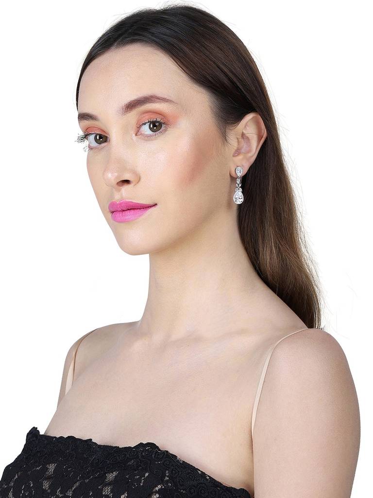 Rhodium-Plated Teardrop Shaped Premium Drop Earrings : FJE4119