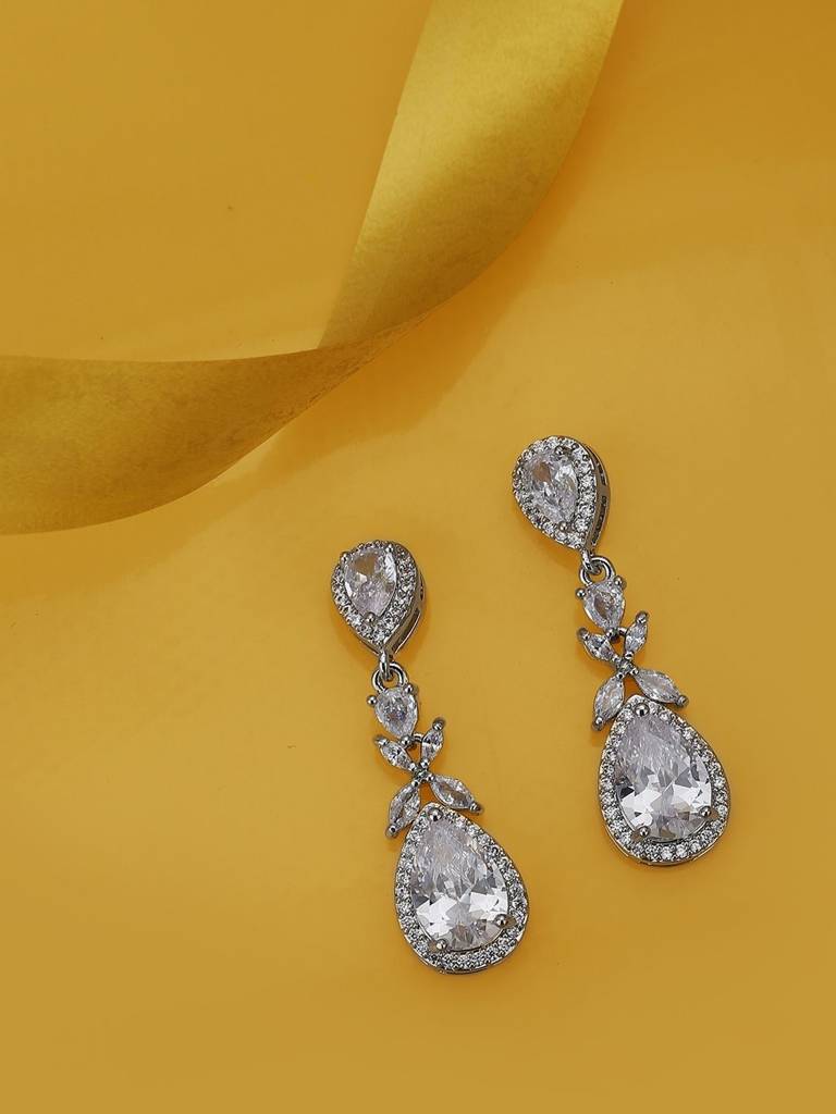 Rhodium-Plated Teardrop Shaped Premium Drop Earrings : FJE4119