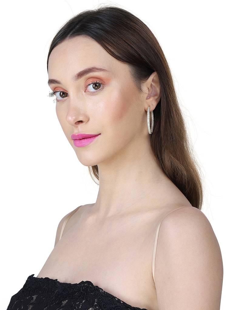 Gold-Plated Cubic Zirconia Studded Circular Premium Hoop Earrings : FJE4142