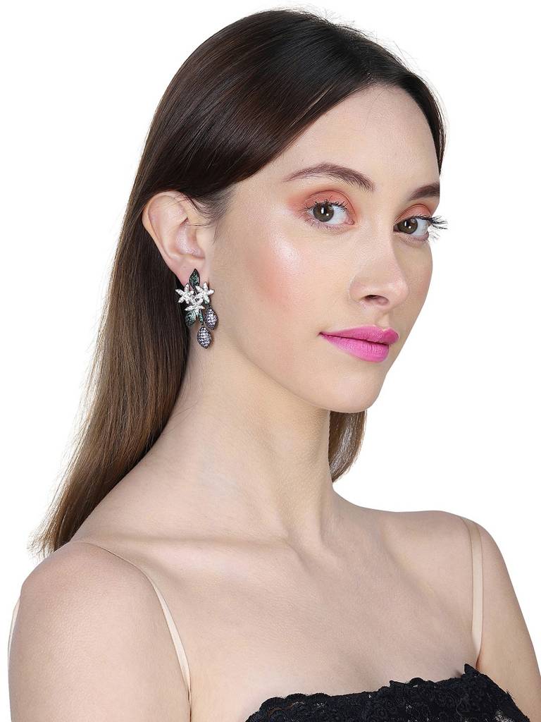 Silver-Plated Floral Premium Drop Earrings : FJE4149