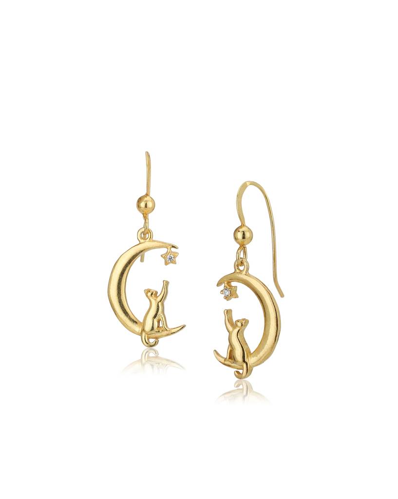 18Kt Gold Plated Classic Earrings With Cat On Crescent Moon : FJE4326