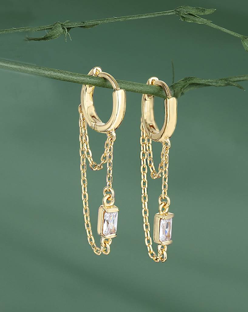 18Kt Gold Plated Hoop Earrings With Dangling Double Chain & Cz : FJE4329