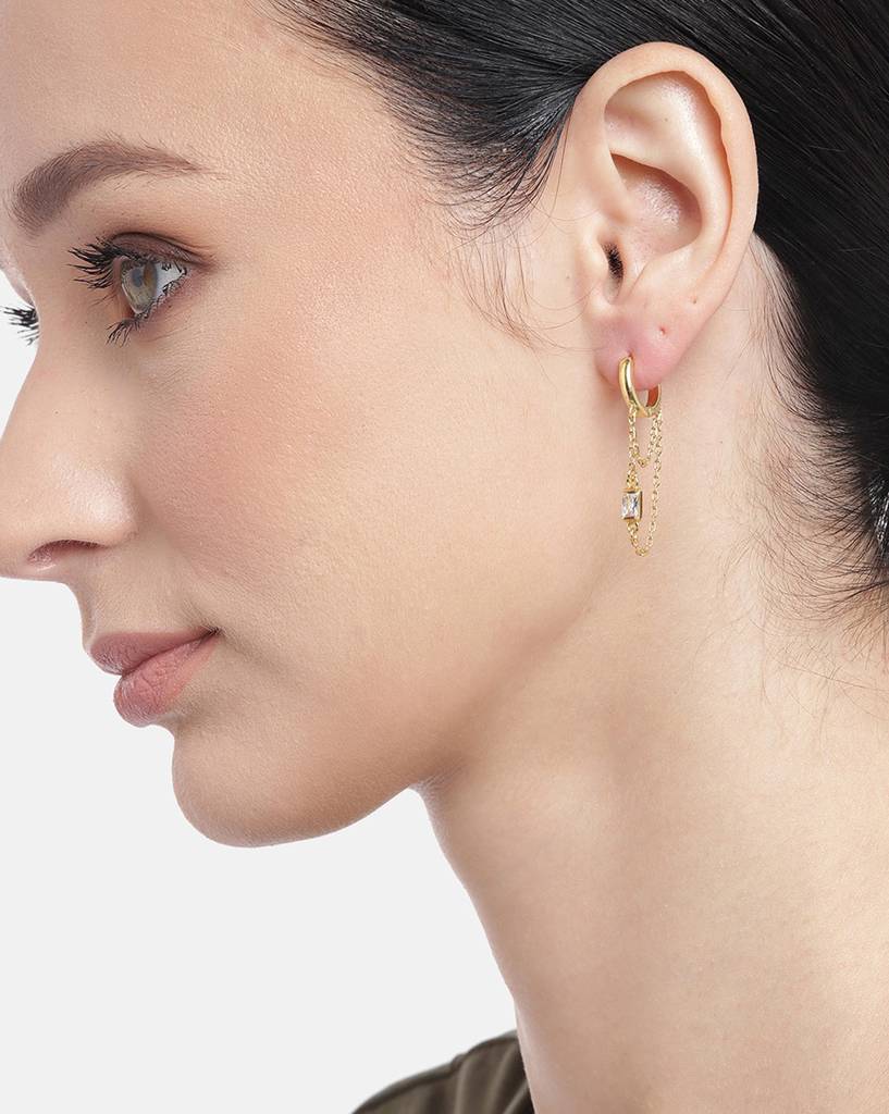 18Kt Gold Plated Hoop Earrings With Dangling Double Chain & Cz : FJE4329