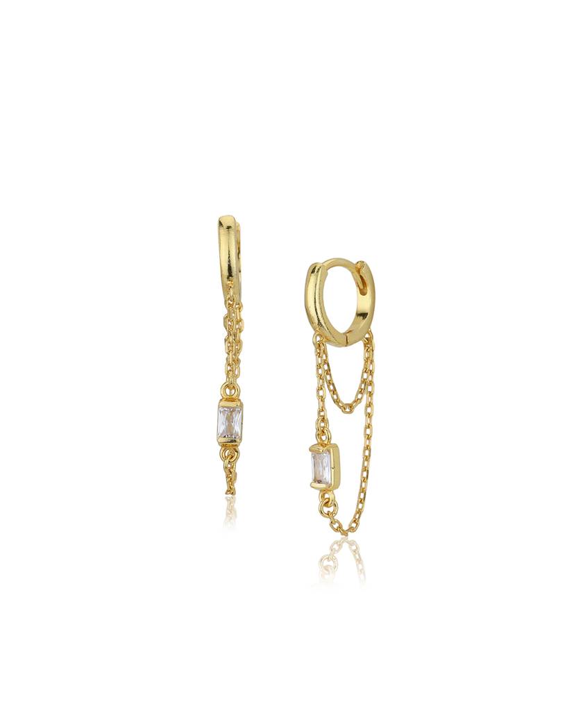 18Kt Gold Plated Hoop Earrings With Dangling Double Chain & Cz : FJE4329