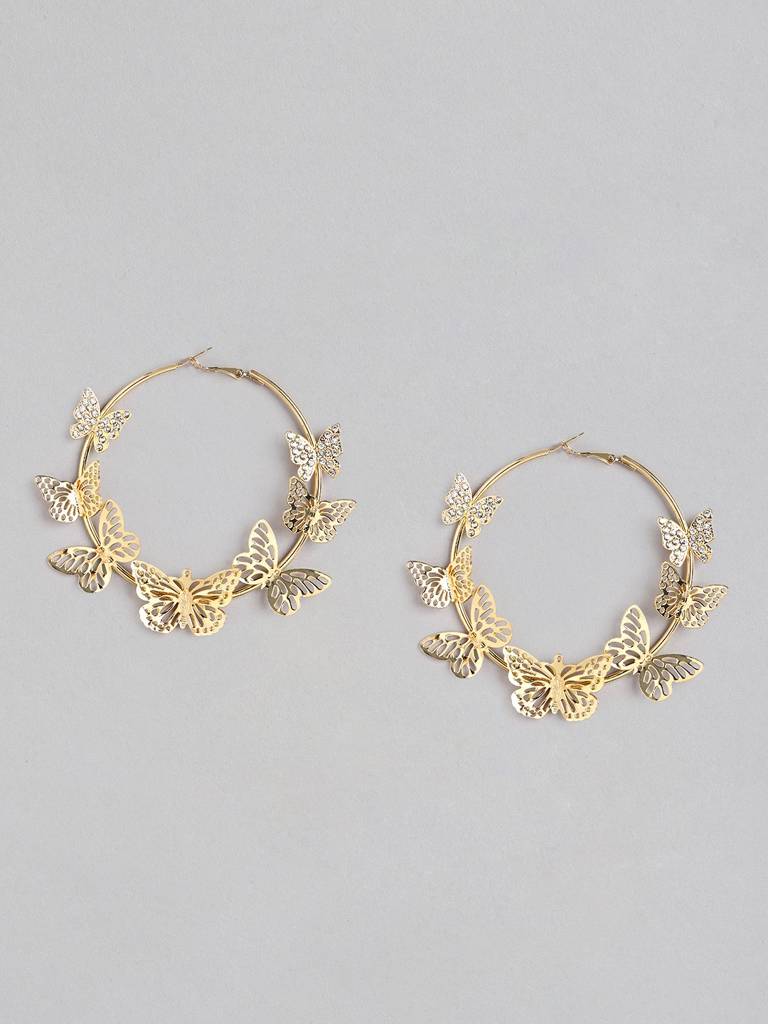 Gold-Plated Cz-Studded Butterfly Hoop Earrings : FJE4382